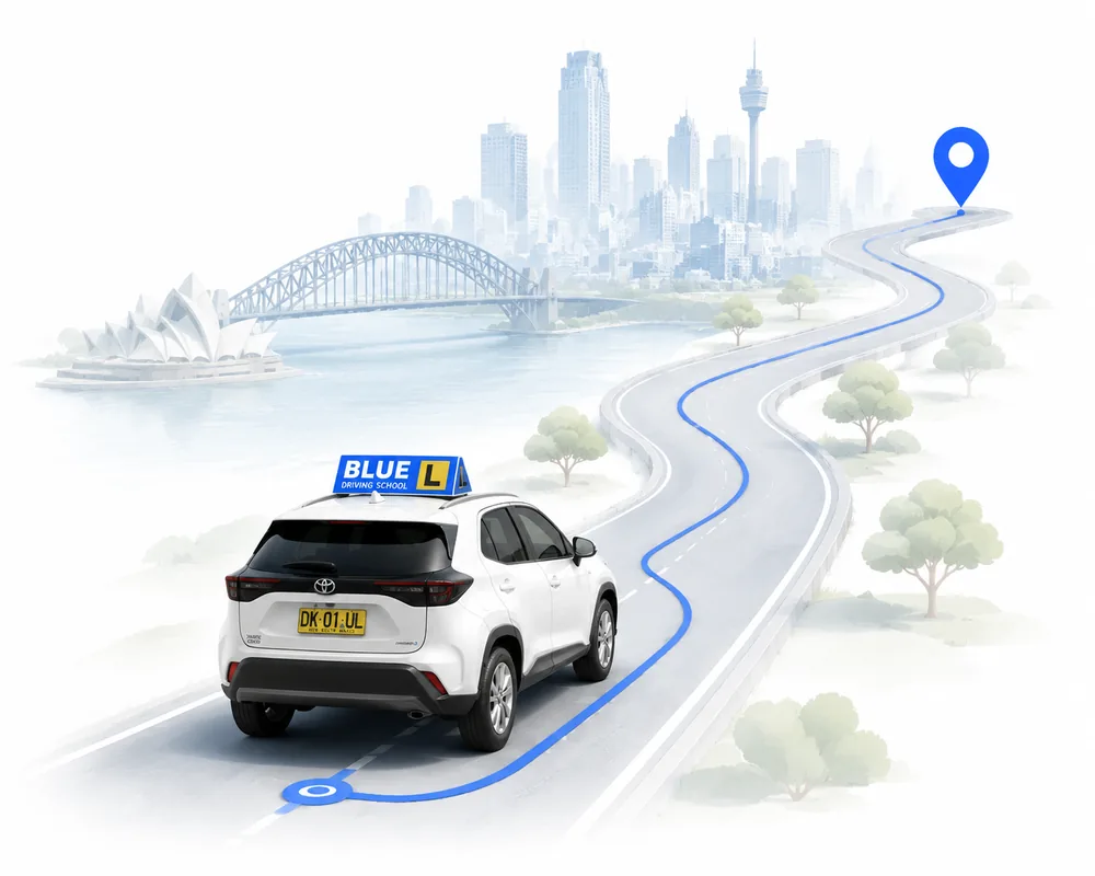Blue Driving School car following a route toward the Sydney skyline