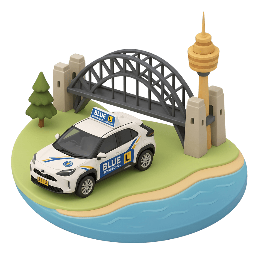 Blue Driving School car with the Sydney Harbour Bridge and Sydney Tower